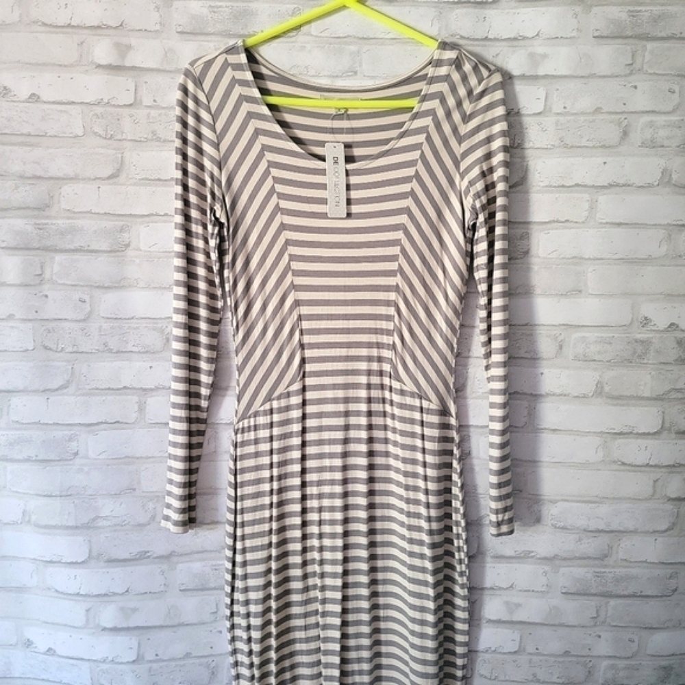 DownEast Stripe Left Dress Small Red or Gray Mid Calf Jersey Flattering Lines